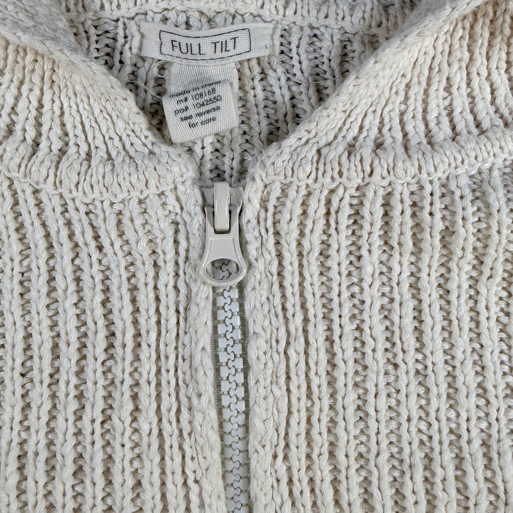 Full Tilt Cropped Knit Hoodie Sweater Womens M Ivory Zip Up Distressed Hem Y2K - Picture 5 of 11